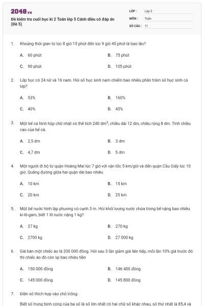 Đề kiểm tra cuối học kì 2 Toán lớp 5 Cánh diều có đáp án (Đề 5)