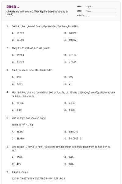 Đề kiểm tra cuối học kì 2 Toán lớp 5 Cánh diều có đáp án (Đề 8)
