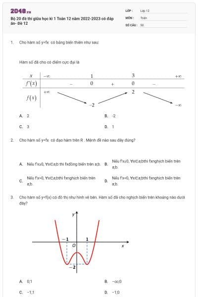 Bộ 20 đề thi giữa học kì 1 Toán 12 năm 2022-2023 có đáp án- Đề 12