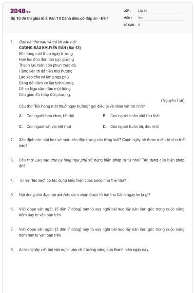 Bộ 10 đề thi giữa kì 2 Văn 10 Cánh diều có đáp án - Đề 1