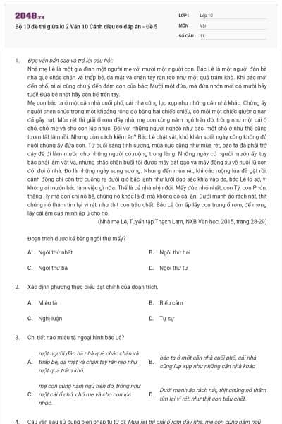 Bộ 10 đề thi giữa kì 2 Văn 10 Cánh diều có đáp án - Đề 5