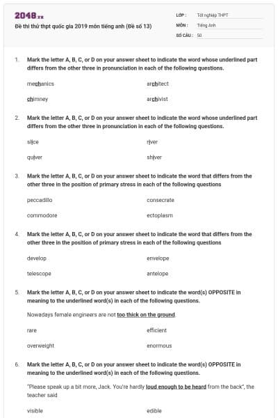 Đề thi thử thpt quốc gia 2019 môn tiếng anh (Đề số 13)