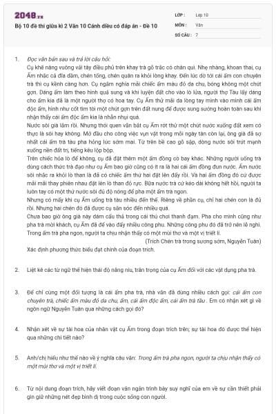 Bộ 10 đề thi giữa kì 2 Văn 10 Cánh diều có đáp án - Đề 10