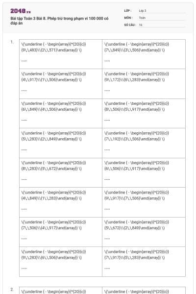 Bài tập Toán 3 Bài 8. Phép trừ trong phạm vi 100 000 có đáp án