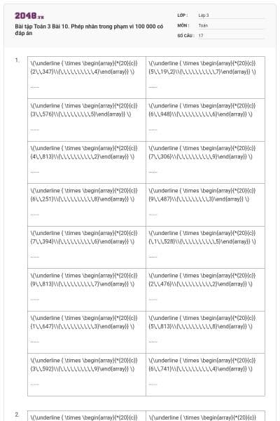 Bài tập Toán 3 Bài 10. Phép nhân trong phạm vi 100 000 có đáp án