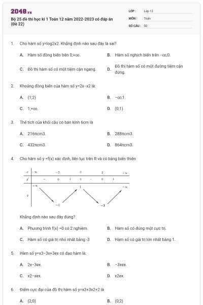 Bộ 25 đề thi học kì 1 Toán 12 năm 2022-2023 có đáp án (Đề 22)