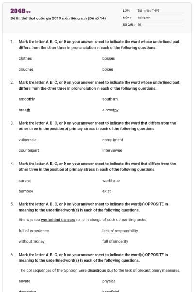 Đề thi thử thpt quốc gia 2019 môn tiếng anh (Đề số 14)