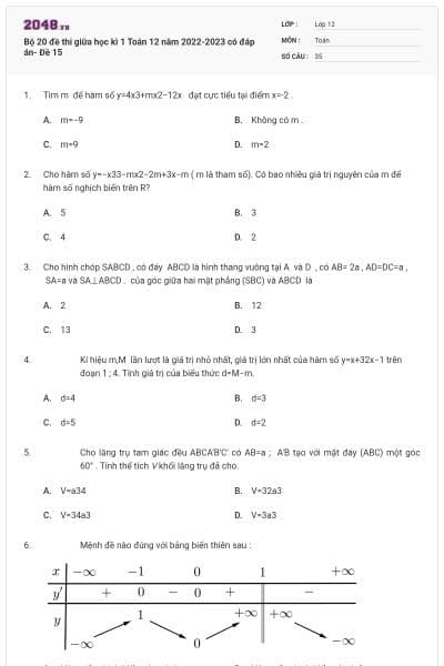 Bộ 20 đề thi giữa học kì 1 Toán 12 năm 2022-2023 có đáp án- Đề 15