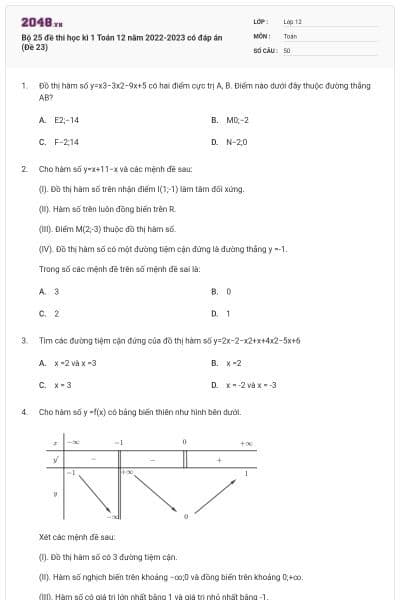 Bộ 25 đề thi học kì 1 Toán 12 năm 2022-2023 có đáp án (Đề 23)