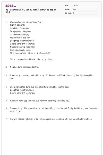 Bộ 10 đề thi giữa kì 2 Văn 10 Kết nối tri thức có đáp án - Đề 5