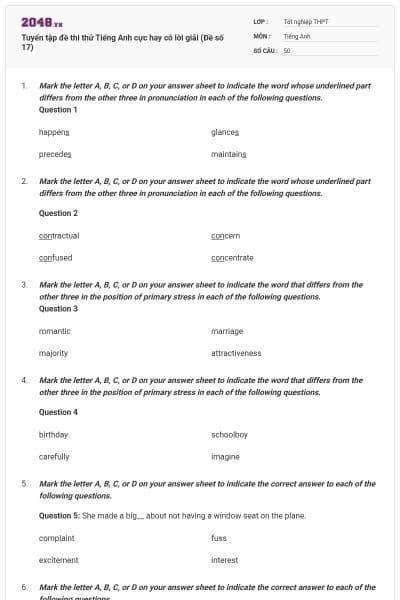 Tuyển tập đề thi thử Tiếng Anh cực hay có lời giải (Đề số 17)