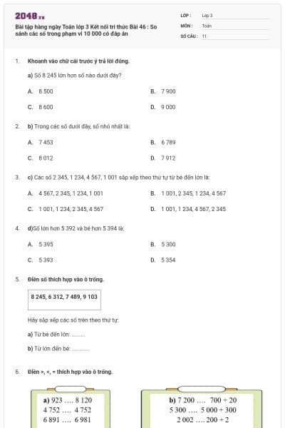 Bài tập hàng ngày Toán lớp 3 Kết nối tri thức Bài 46 : So sánh các số trong phạm vi 10 000 có đáp án