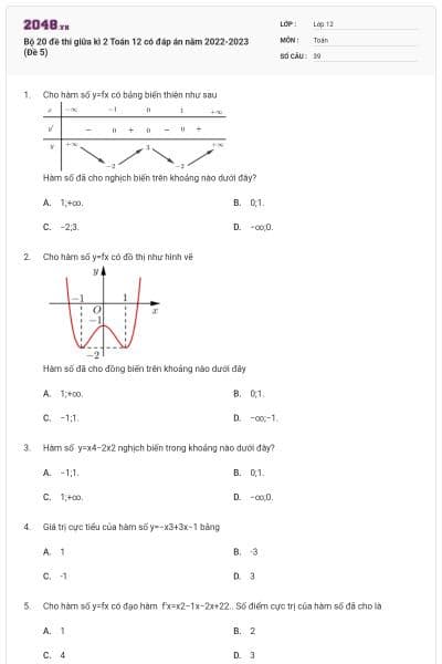 Bộ 20 đề thi giữa kì 2 Toán 12 có đáp án năm 2022-2023 (Đề 5)