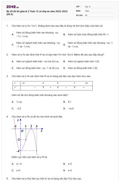 Bộ 20 đề thi giữa kì 2 Toán 12 có đáp án năm 2022-2023 (Đề 6)