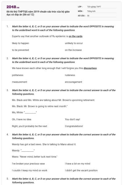 Đề thi thử THPTQG năm 2019 chuẩn cấu trúc của bộ giáo dục có đáp án (Đề số 12)