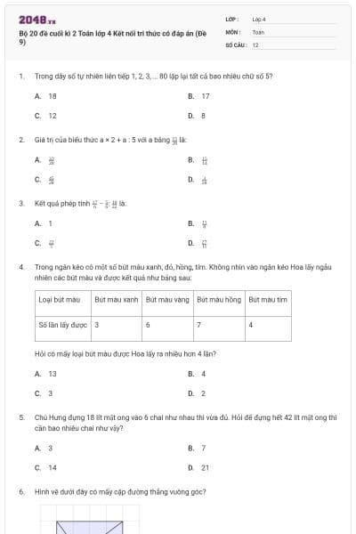 Bộ 20 đề cuối kì 2 Toán lớp 4 Kết nối tri thức có đáp án (Đề 9)
