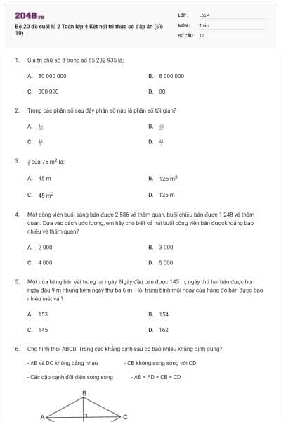 Bộ 20 đề cuối kì 2 Toán lớp 4 Kết nối tri thức có đáp án (Đề 10)