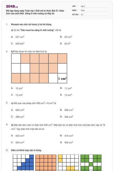 Bài tập hàng ngày Toán lớp 3 Kết nối tri thức Bài 51: Diện tích của một hình. Xăng ti mét vuông có đáp án