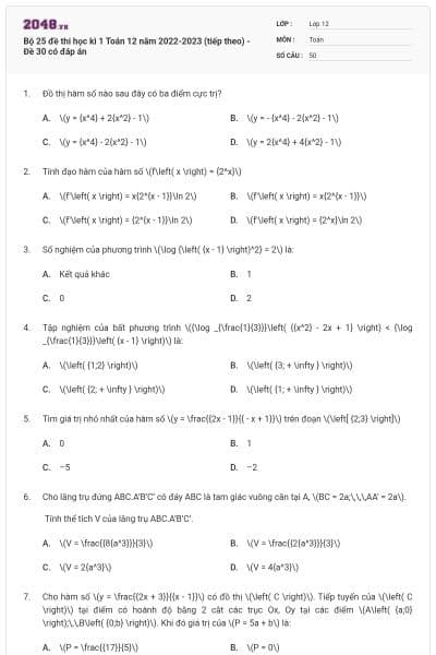 Bộ 25 đề thi học kì 1 Toán 12 năm 2022-2023 (tiếp theo) - Đề 30 có đáp án