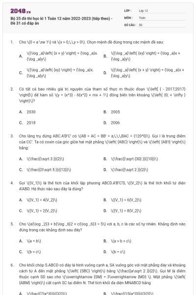 Bộ 25 đề thi học kì 1 Toán 12 năm 2022-2023 (tiếp theo) - Đề 31 có đáp án