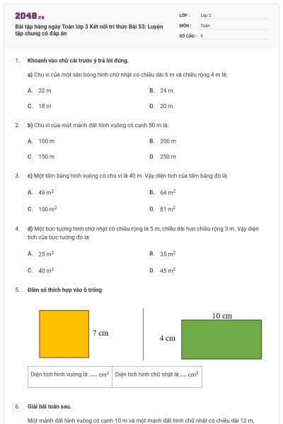 Bài tập hàng ngày Toán lớp 3 Kết nối tri thức Bài 53: Luyện tập chung có đáp án