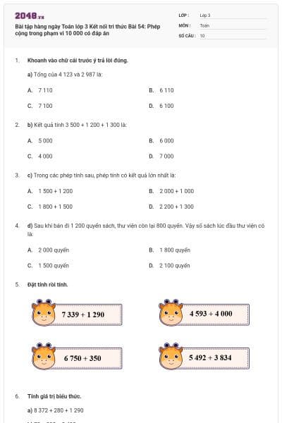 Bài tập hàng ngày Toán lớp 3 Kết nối tri thức Bài 54: Phép cộng trong phạm vi 10 000 có đáp án