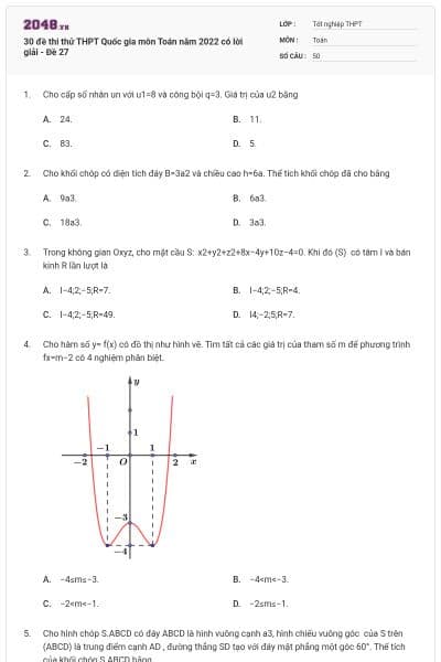 30 đề thi thử THPT Quốc gia môn Toán năm 2022 có lời giải - Đề 27