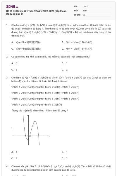 Bộ 25 đề thi học kì 1 Toán 12 năm 2022-2023 (tiếp theo) - Đề 32 có đáp án