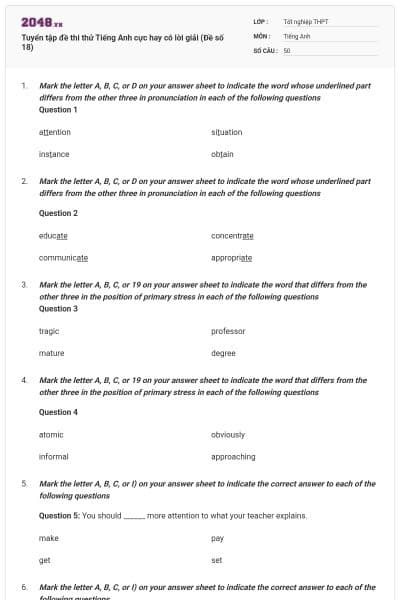Tuyển tập đề thi thử Tiếng Anh cực hay có lời giải (Đề số 18)