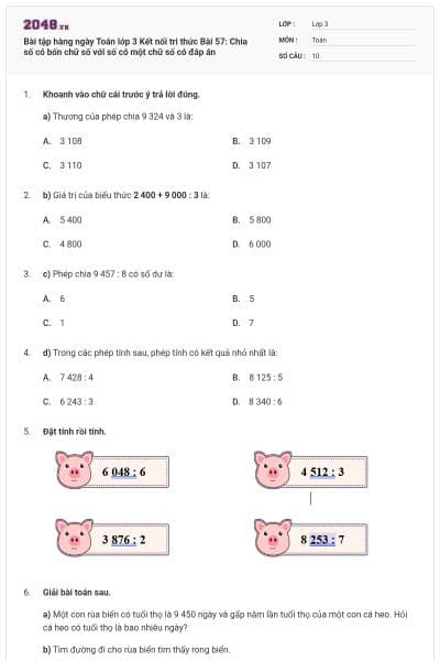 Bài tập hàng ngày Toán lớp 3 Kết nối tri thức Bài 57: Chia số có bốn chữ số với số có một chữ số có đáp án