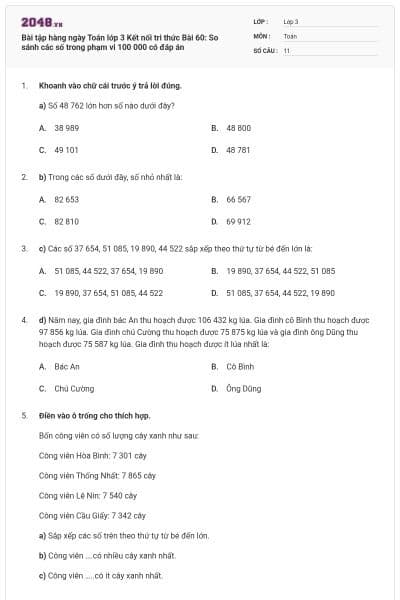 Bài tập hàng ngày Toán lớp 3 Kết nối tri thức Bài 60: So sánh các số trong phạm vi 100 000 có đáp án