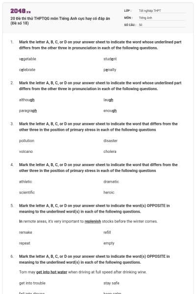 20 Đề thi thử THPTQG môn Tiếng Anh cực hay có đáp án (Đề số 18)
