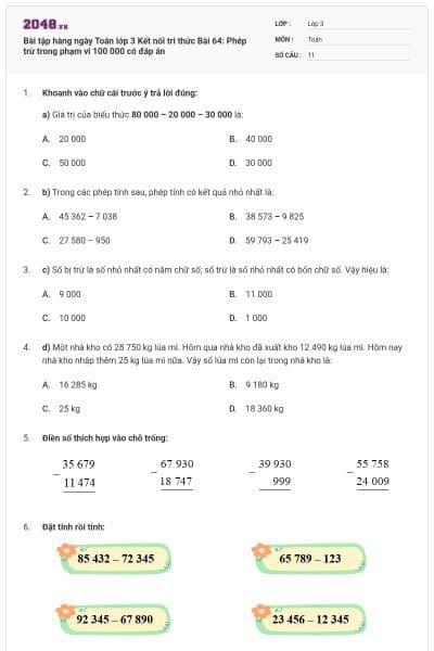 Bài tập hàng ngày Toán lớp 3 Kết nối tri thức Bài 64: Phép trừ trong phạm vi 100 000 có đáp án