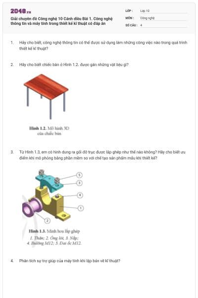 Giải chuyên đề Công nghệ 10 Cánh diều Bài 1. Công nghệ thông tin và máy tính trong thiết kế kĩ thuật có đáp án