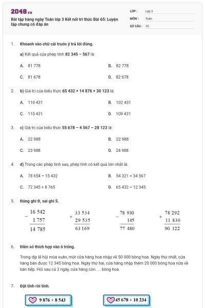 Bài tập hàng ngày Toán lớp 3 Kết nối tri thức Bài 65: Luyện tập chung có đáp án