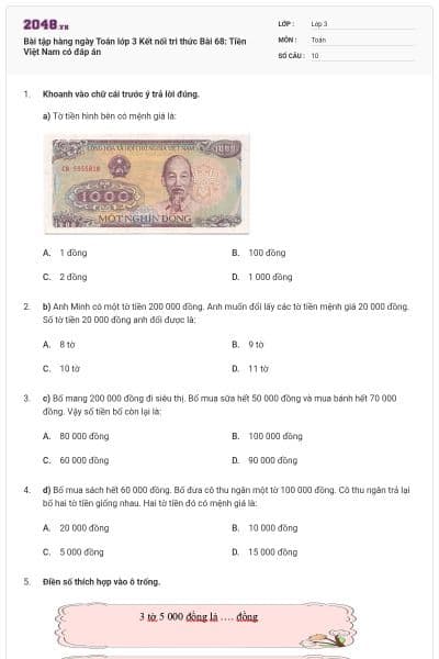 Bài tập hàng ngày Toán lớp 3 Kết nối tri thức Bài 68: Tiền Việt Nam có đáp án