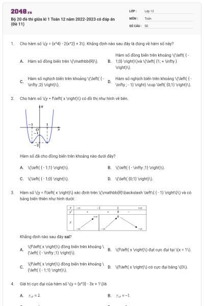 Bộ 20 đề thi giữa kì 1 Toán 12 năm 2022-2023 có đáp án (Đề 11)
