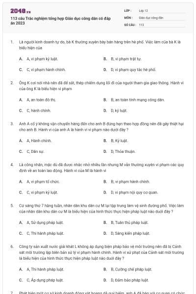 113 câu Trắc nghiệm tổng hợp Giáo dục công dân có đáp án 2023