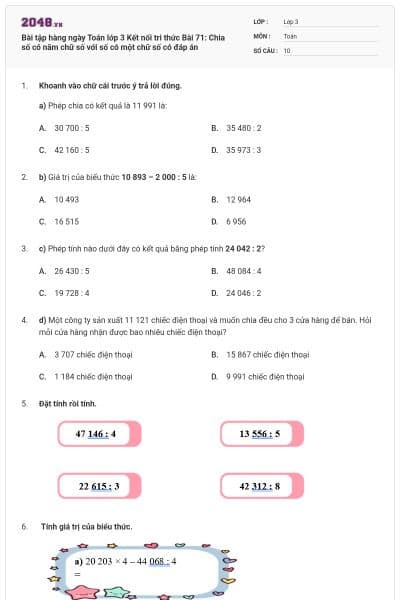 Bài tập hàng ngày Toán lớp 3 Kết nối tri thức Bài 71: Chia số có năm chữ số với số có một chữ số có đáp án