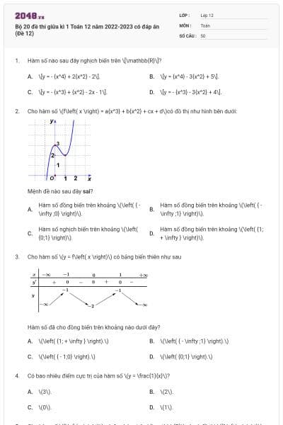 Bộ 20 đề thi giữa kì 1 Toán 12 năm 2022-2023 có đáp án (Đề 12)