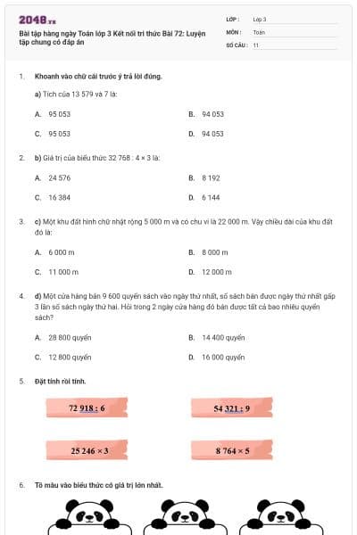 Bài tập hàng ngày Toán lớp 3 Kết nối tri thức Bài 72: Luyện tập chung có đáp án