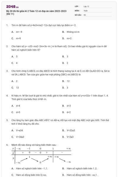 Bộ 20 đề thi giữa kì 2 Toán 12 có đáp án năm 2022-2023 (Đề 11)