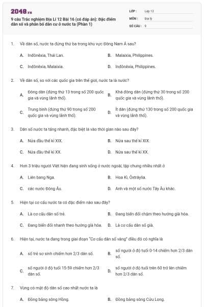 9 câu Trắc nghiệm Địa Lí 12 Bài 16 (có đáp án): Đặc điểm dân số và phân bố dân cư ở nước ta (Phần 1)