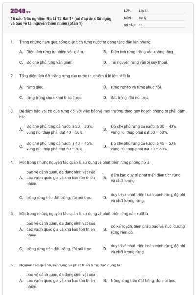 16 câu Trắc nghiệm Địa Lí 12 Bài 14 (có đáp án): Sử dụng và bảo vệ tài nguyên thiên nhiên (phần 1)