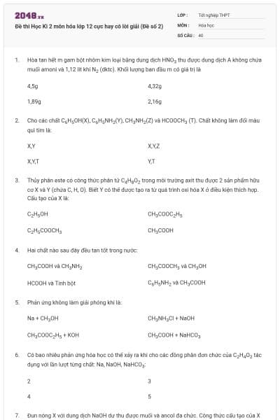 Đề thi Học Kì 2 môn hóa lớp 12 cực hay có lời giải (Đề số 2)
