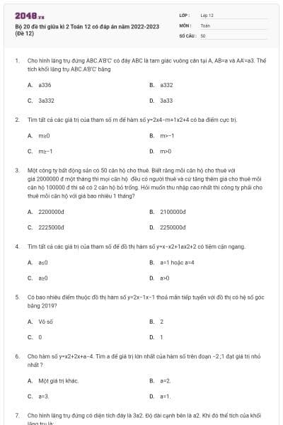 Bộ 20 đề thi giữa kì 2 Toán 12 có đáp án năm 2022-2023 (Đề 12)