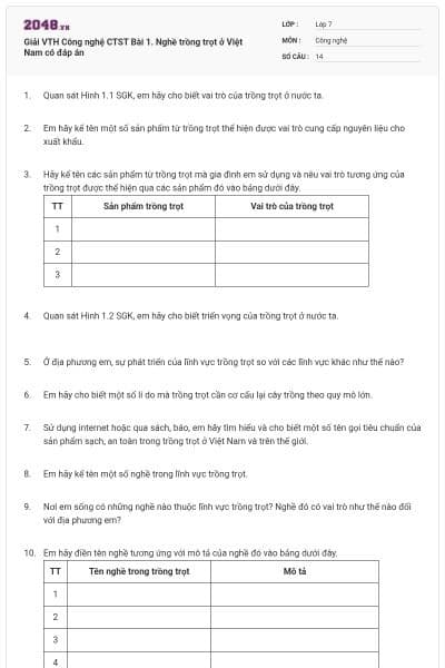 Giải VTH Công nghệ CTST Bài 1. Nghề trồng trọt ở Việt Nam có đáp án