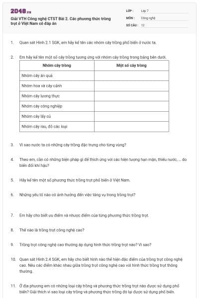 Giải VTH Công nghệ CTST Bài 2. Các phương thức trồng trọt ở Việt Nam có đáp án