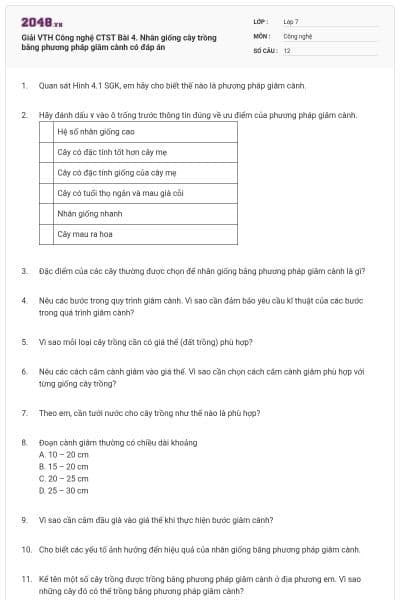 Giải VTH Công nghệ CTST Bài 4. Nhân giống cây trồng bằng phương pháp giâm cành có đáp án