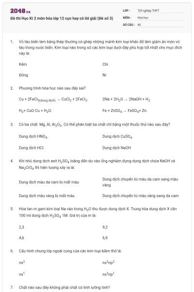 Đề thi Học Kì 2 môn hóa lớp 12 cực hay có lời giải (Đề số 3)